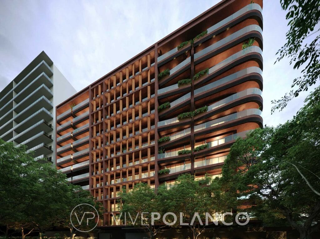 Render de Torre Monarca en Rubén Darío 135, con fachada de parasoles móviles de bambú