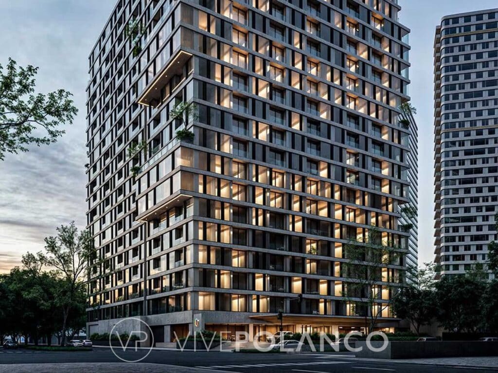 Fachada de las torres de Be Grand Alto Polanco sobre el corredor de Lago Alberto