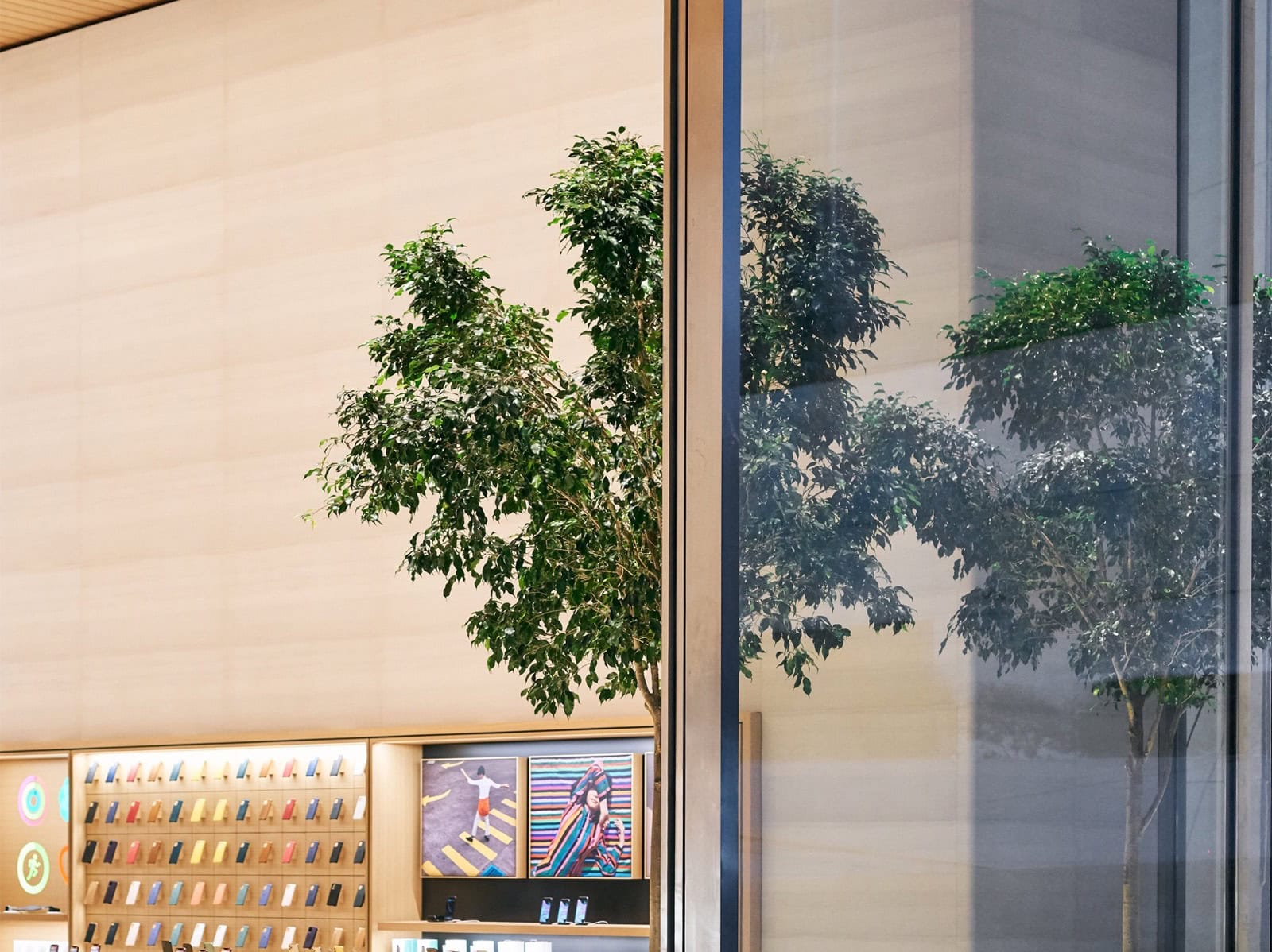 Muro de accesorios y fotografías de estilo de vida dentro de Apple Antara, vistos a través del vidrio