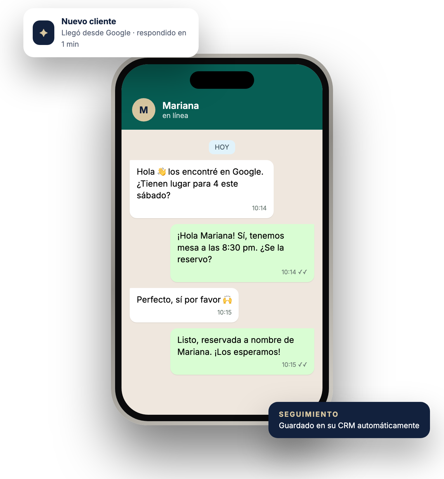 Ilustración: un nuevo cliente escribe por WhatsApp después de encontrar el negocio en Google, y queda guardado en el CRM
