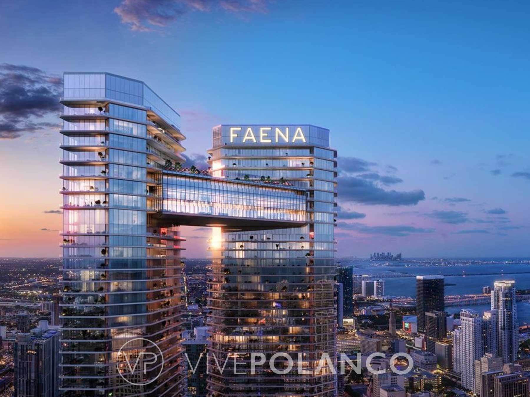 Las dos torres de Faena Residences Miami unidas por un puente sobre la ribera del río Miami, representación del desarrollo