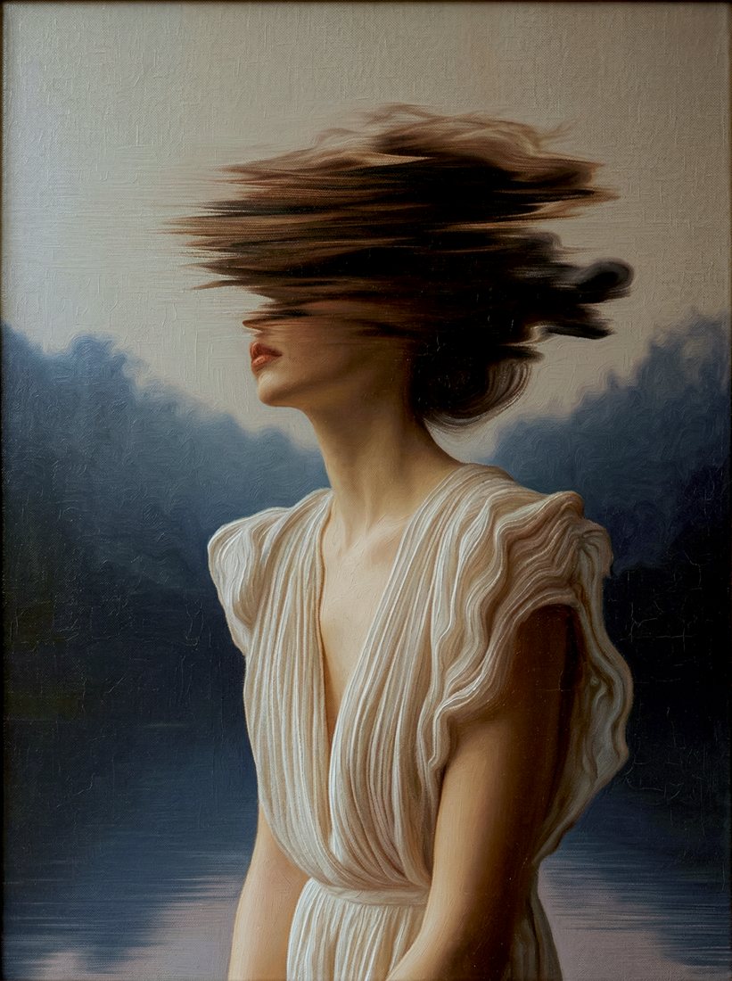Winter's Morning (1), óleo sobre tela de JoCa: figura de vestido blanco con el rostro disuelto en movimiento sobre un paisaje azul
