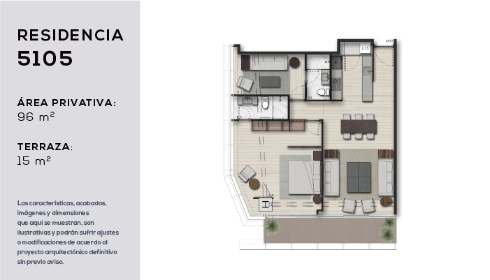 Plano de la residencia 5105 en The Ritz-Carlton Residences, Mexico City: 96 m² de área privativa y 15 m² de terraza