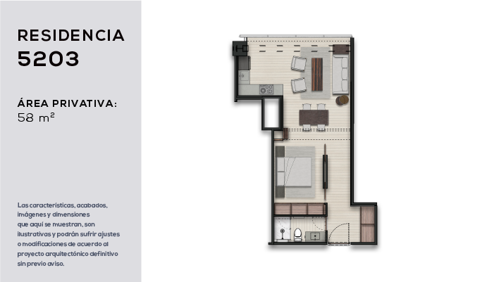 Plano de la residencia 5203 en The Ritz-Carlton Residences, Mexico City: 1 recámara, 58 m² de área privativa