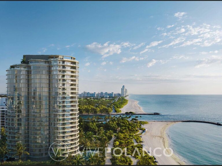 Fachada de Rivage Bal Harbour frente al Atlántico en Bal Harbour, Miami, representación del desarrollador