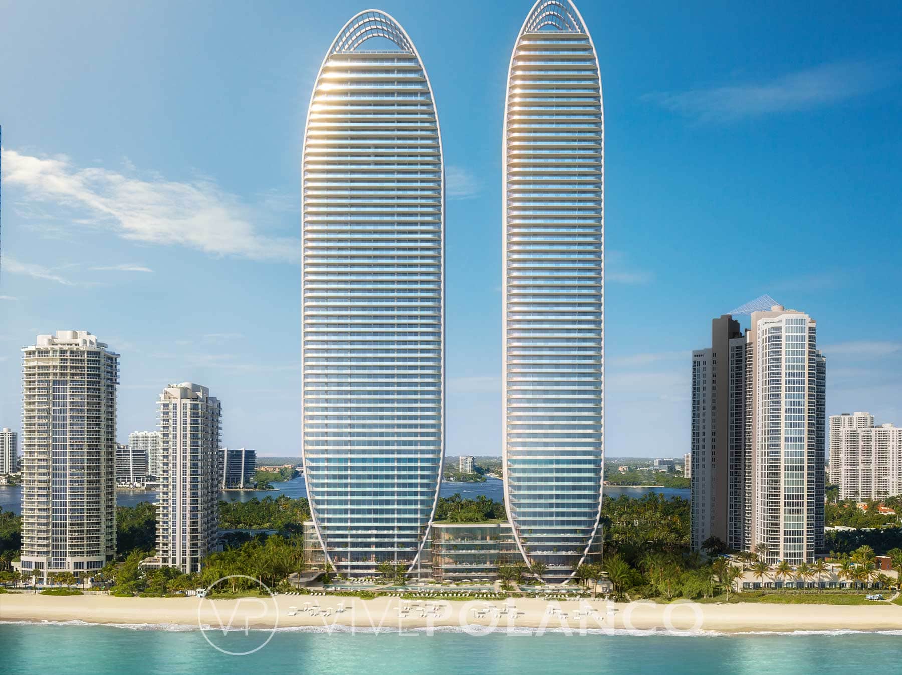 Las dos torres de The St. Regis Residences, Sunny Isles Beach, frente a la playa, representación del desarrollo