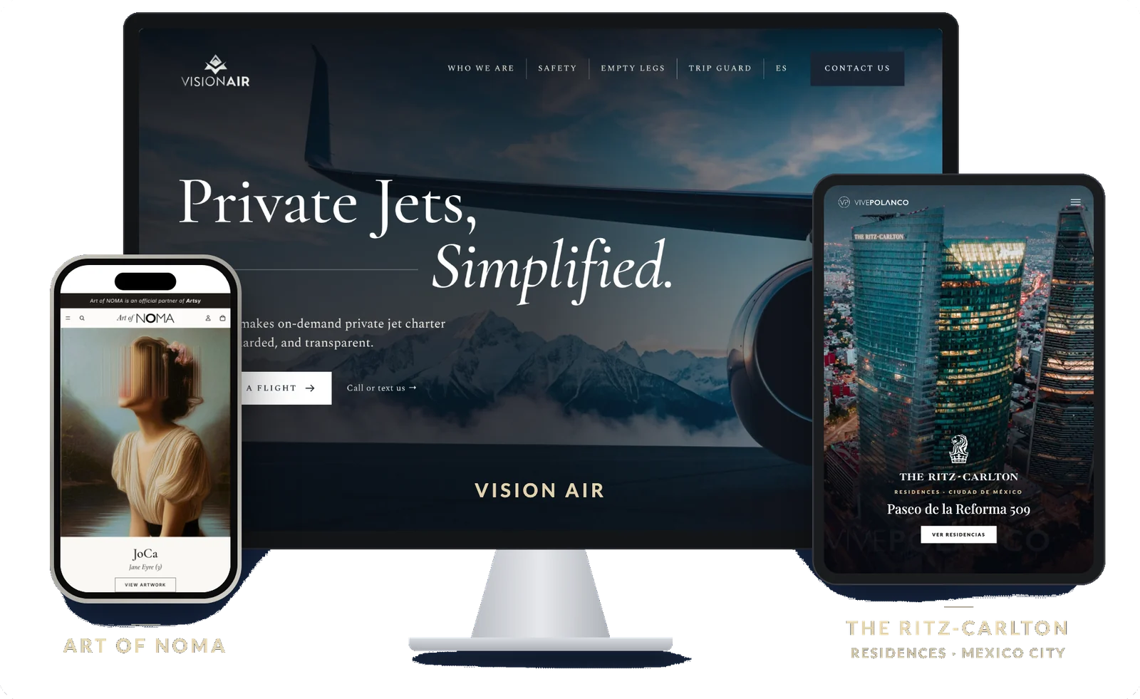 Proyectos de VIVE Growth Partner: Vision Air en escritorio, The Ritz-Carlton Residences, Mexico City en iPad y Art of NOMA con obra de JoCa en iPhone