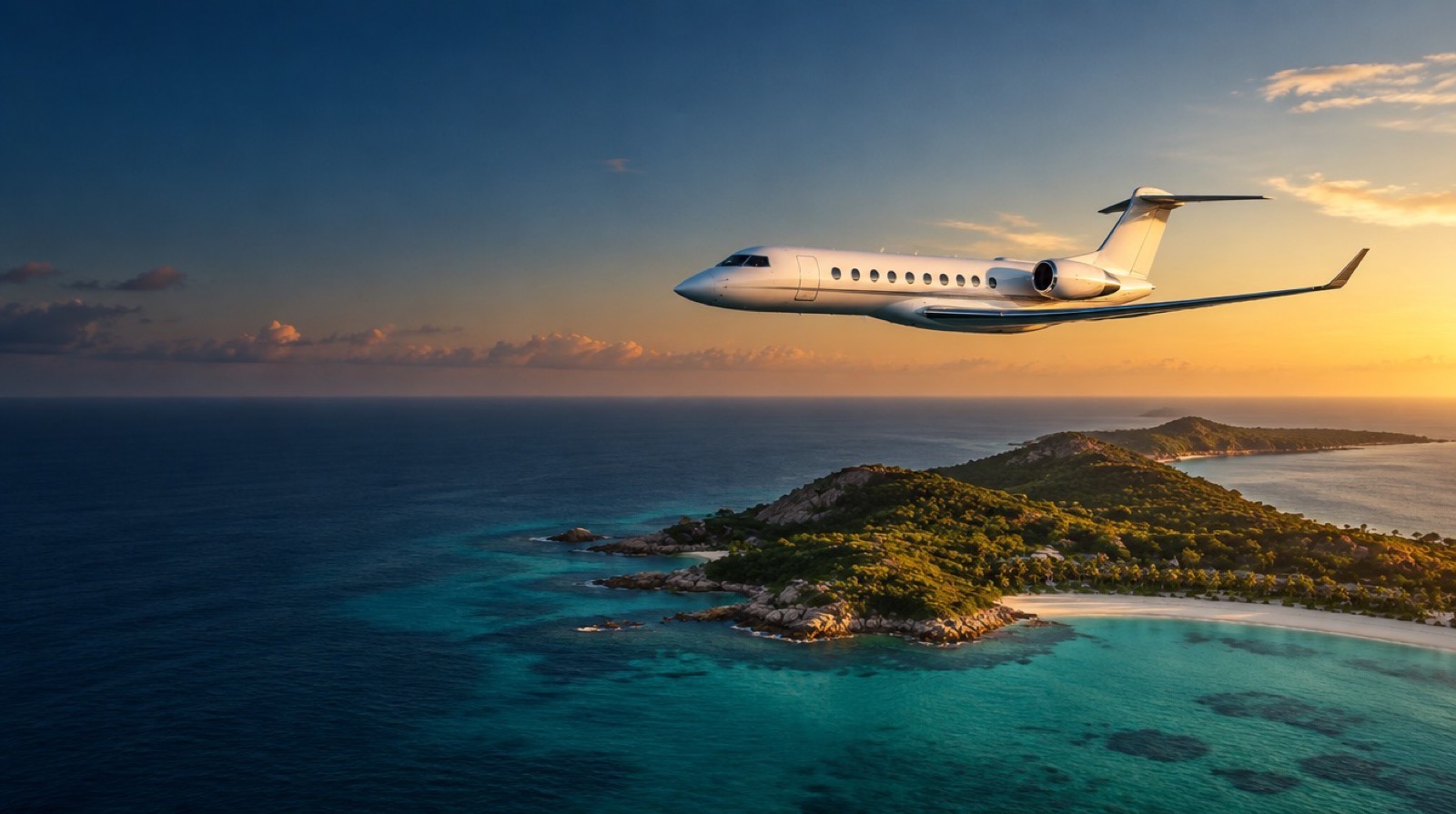 Jet privado sobre el mar al atardecer